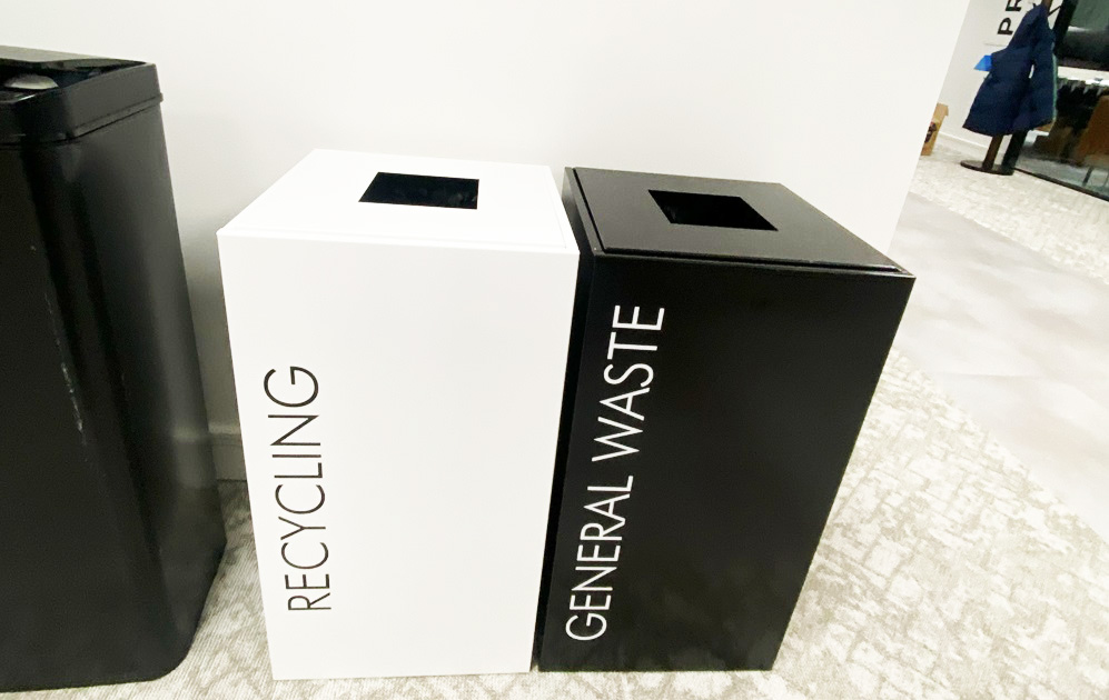 office recycling bin black with General waste lettering and white with black Recycling lettering