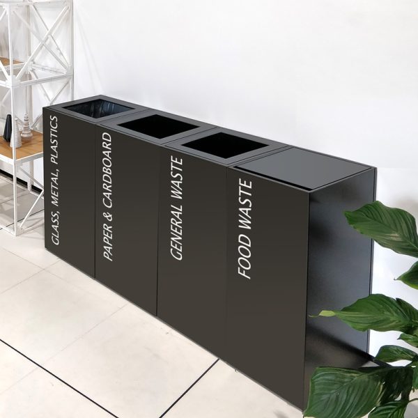 office recycling bin black in row of 4 for food waste, general waste, mixed recycling