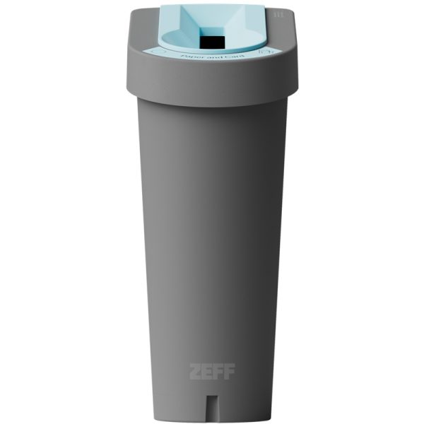 slim office recycling bin in grey with blue top for paper and card