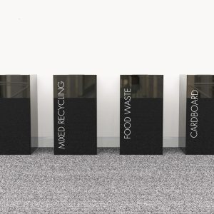 office recycling bins black in a row with white lettering