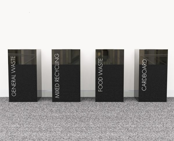 office recycling bins black in a row with white lettering