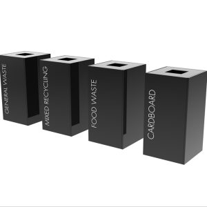 office recycling bins black in a row with white lettering