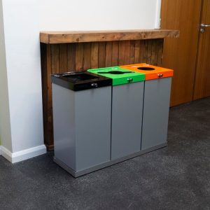 office recycling bin lockable in silver metal finish and coloured tops with locks