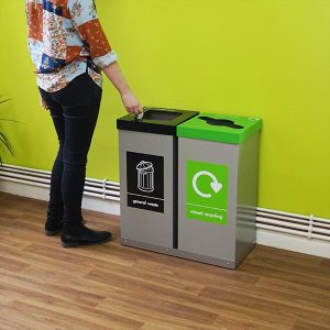 office recycling bin metal two in a row with green and black tops to indicate waste stream