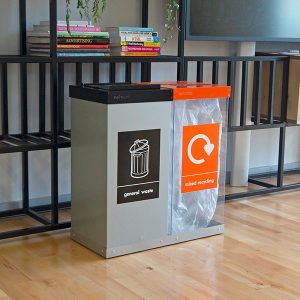 office recycling bin with marking for waste streams. 1 transparent office recycling bin and 1 metal office recycling bin