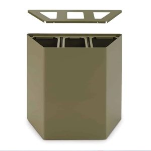 green office recycling bin with 3 sections for waste. showing how the top can be taken off.