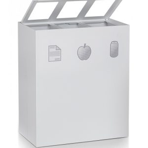 office recycling bin white with 3 apertures and open hinged lid.