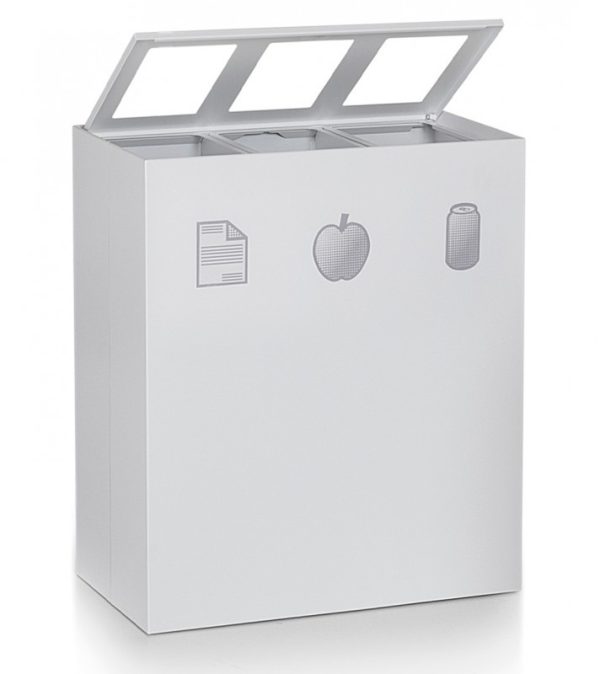 office recycling bin white with 3 apertures and open hinged lid.