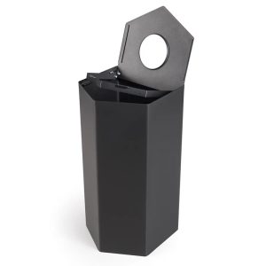 office recycling bin black in pentagonal shape with bin top open showing bag holder