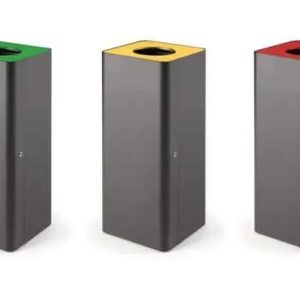 office recycling bins with lock. Black body and different coloured tops.