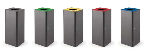 office recycling bins with lock. Black body and different coloured tops.