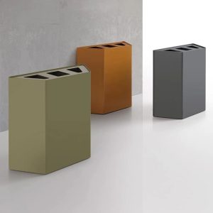 office recycling bins in green black and yellow with 3 sections for waste