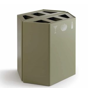 office recycling bins in green finish with 3 apertures for waste