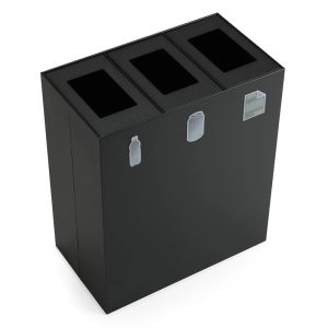 office recycling bin black with 3 waste apertures and pictograms