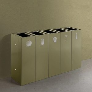 office recycling bin green in row of 5