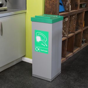 food waste recycling bin with silver body and green signage and lift up top