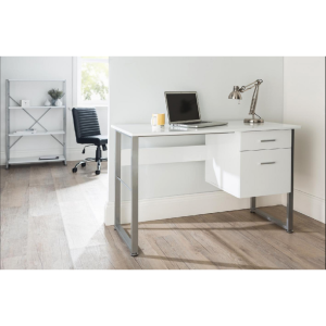 white home office desk with pedestal in room shot with office shelving