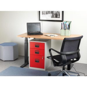 3 drawer filing cabinet under an office desk with black mesh office chair