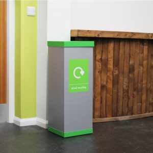 silver office recycling bin with green top and Mixed Recycling label