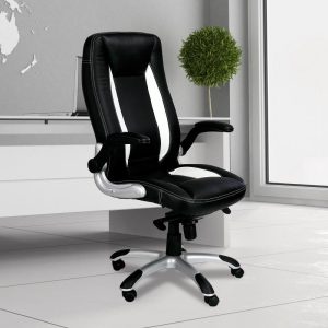 high back executive chair with folding arm rests in two tone leather black and white