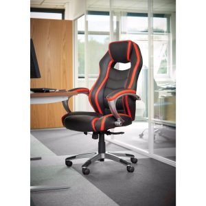 red and black high back faux leather chair in room shot