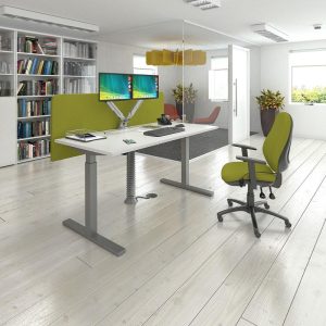 standing desk in office with lime screen and office chair