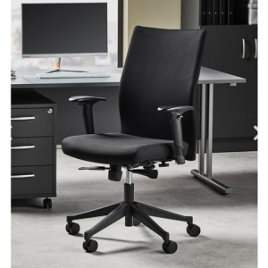 modern office chair with black fabric seat and black 5 star base by office desk in roomshot