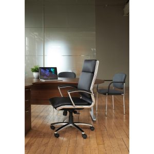 high back executive office chair with chrome frame in room shot in front of office desk