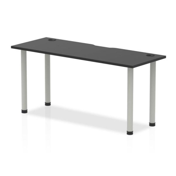 office desk with black desk top and silver legs