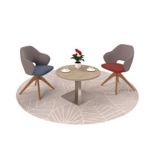 contemporary reception chairs in grey fabric and wooden legs with round table