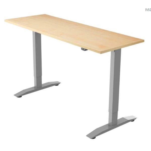 height adjustable desk with maple desk top and silver leg frame