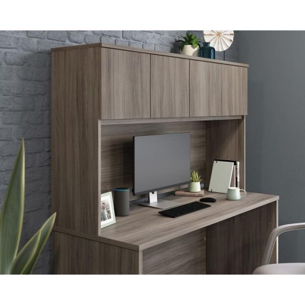 stylish desk hutch in elm finish on top of office desk