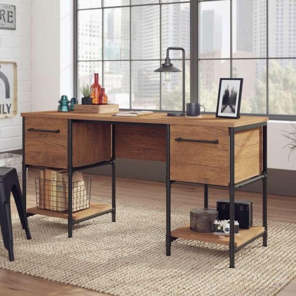 industrial style desk in iron and oak in room set