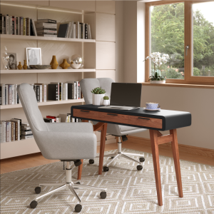 oak home office desk with black surround in home office room set with grey fabric office chair