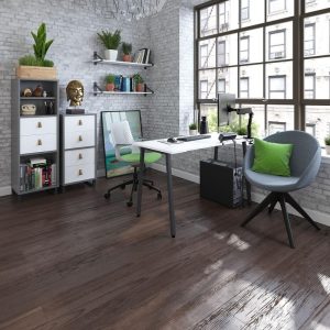 home office with contemporary desk with white desk top and graphite leg frame. White drawers and bookcase and office chairs