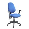 office chair with adjustable arms. Blue fabric upholstery and black 5 star base