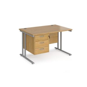 office desk with 3 drawer fixed pedestal in oak finish and silver cantilever leg frame