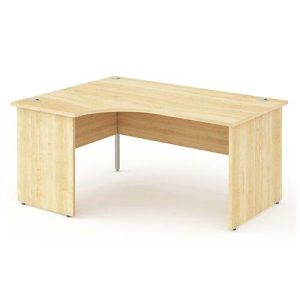 left return office desk in light wood finish with panel end legs