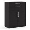 black office storage unit in black wood grain finish. With 2 doors and drawers