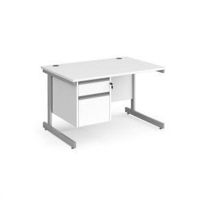 office desk with 2 drawer fixed pedestal in white finish with silver cantilever leg frame