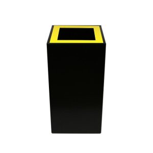 black office recycling bin with yellow top