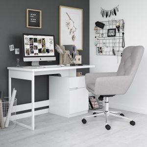 white home office computer desk in room set with grey fabric office chair