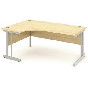 crescent shaped office desk with maple desk top and silver cantilever leg frame