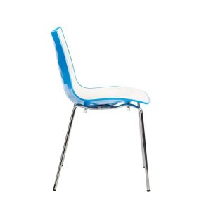 side view of cafe chair with white seat and blue back and chrome frame