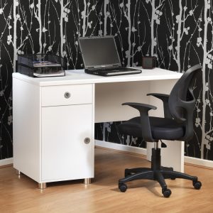 black mesh back office chair in front of white office desk