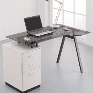 smoked glass home office desk with white pedestal