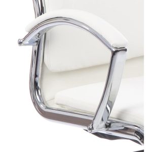 visitor chair close up. White leather and chrome frame