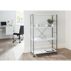 modern white bookcase in roomshot with home office desk and office chair