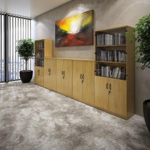 oak office storage, oak office cupboards and oak office bookcases in room shot