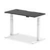 height adjustable desk with black desk top and white leg frame
